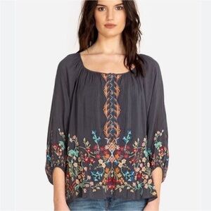Johnny Was Sarah Embroidered Grey Blue Georgette Blouse Top Sz XS